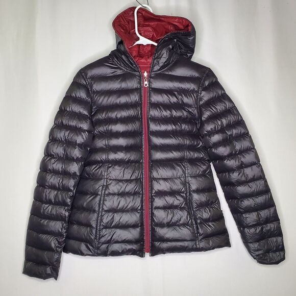 Nautica Packable Down Puffer Jacket Women Medium Reversible Hood Zip Red Black - Picture 1 of 8